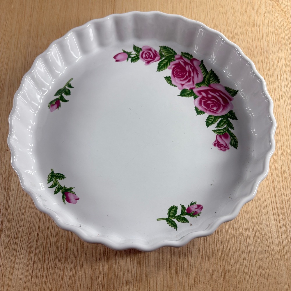 Christineholm Rose Porcelain Quiche Tart Pan 9.5 Inch Fluted Ceramic Baker White